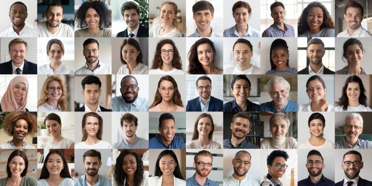 Diverse group of smiling people portraits collage.