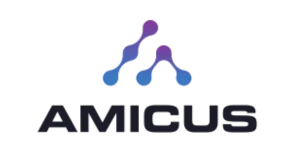 Het logo van het bedrijf AMICUS met een abstract symbool.
