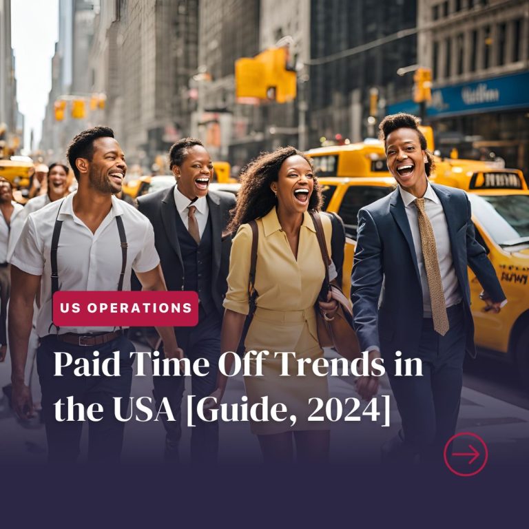 Professionals laughing in NYC, 2024 Paid Time Off guide.