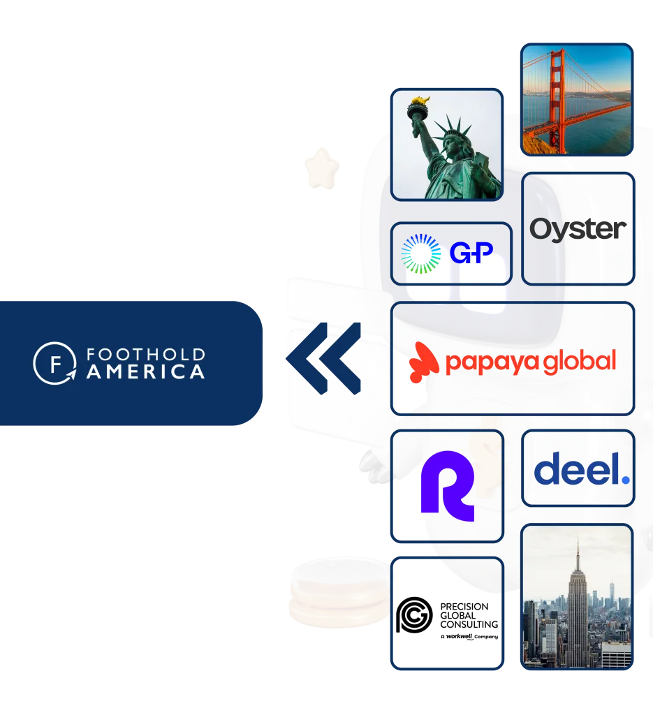 Collage af virksomhedslogoer, vartegn og digitale elementer.
