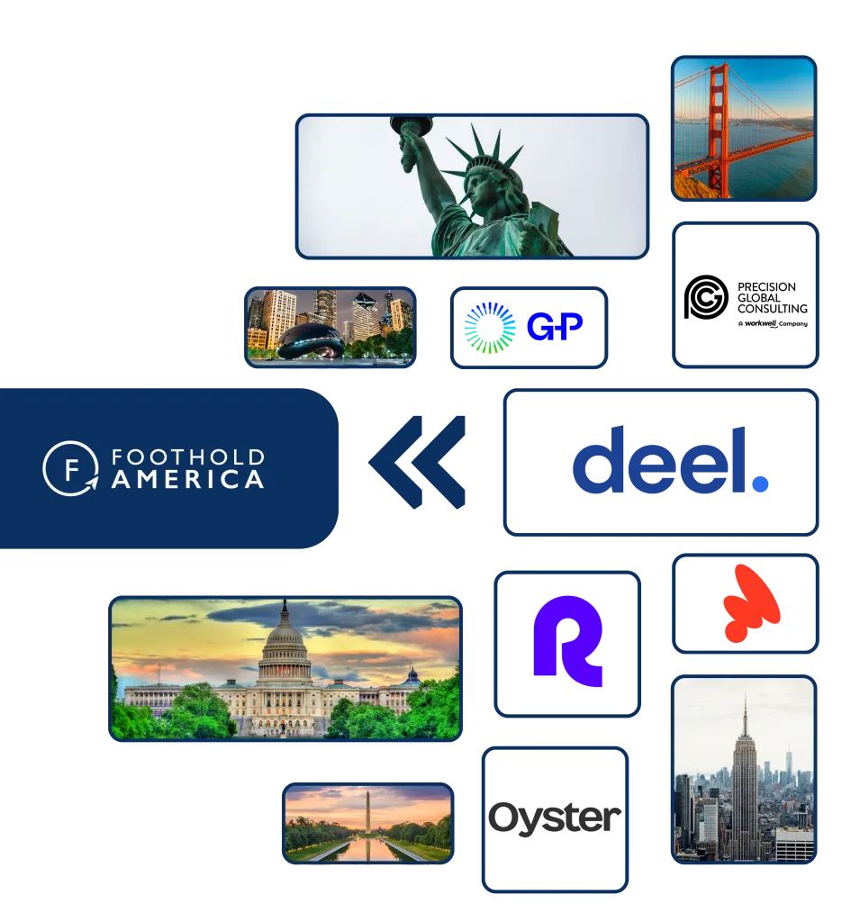 Collage af amerikanske vartegn og forskellige firmalogoer
