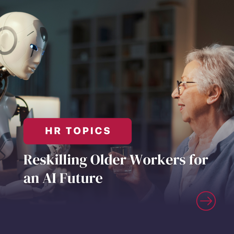 Senior and robot discussing AI reskilling.