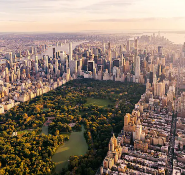 Aerial view of Central Park and Manhattan skyline.