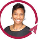 Smiling woman portrait in red circular arrow frame