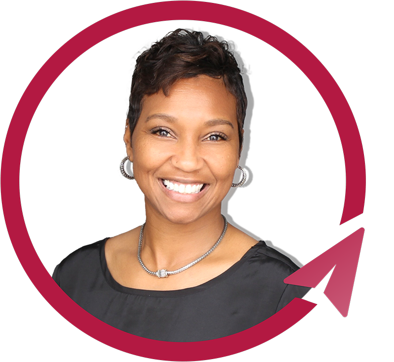 Smiling woman portrait in red circular arrow frame