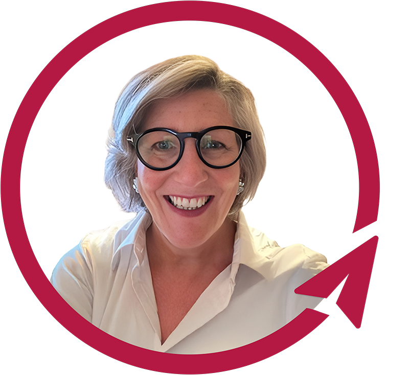 Smiling woman with glasses inside red circular arrow