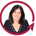 Smiling woman framed by red circular arrow