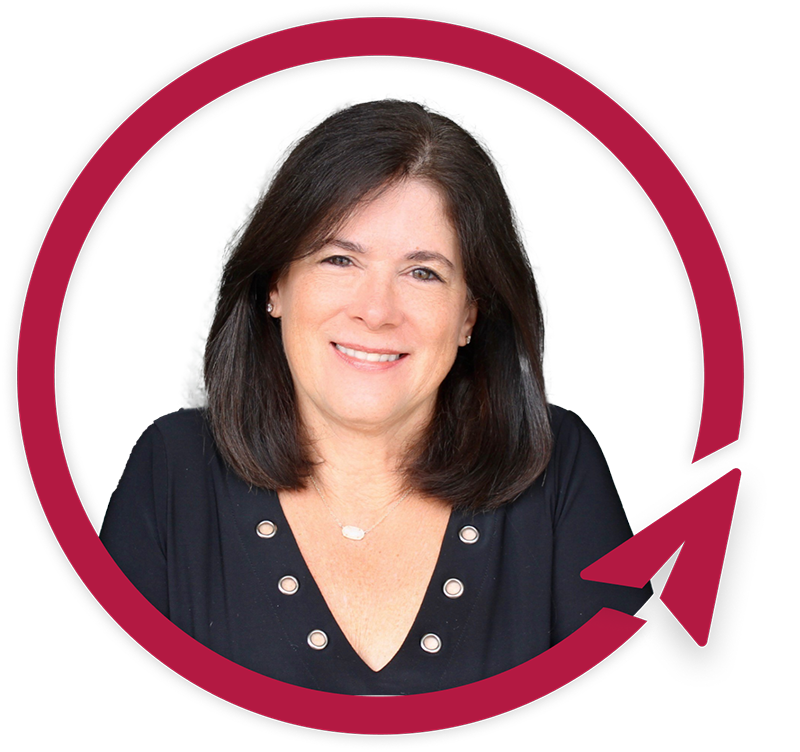 Smiling woman framed by red circular arrow