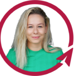 Smiling blonde woman in green shirt, circular arrow frame