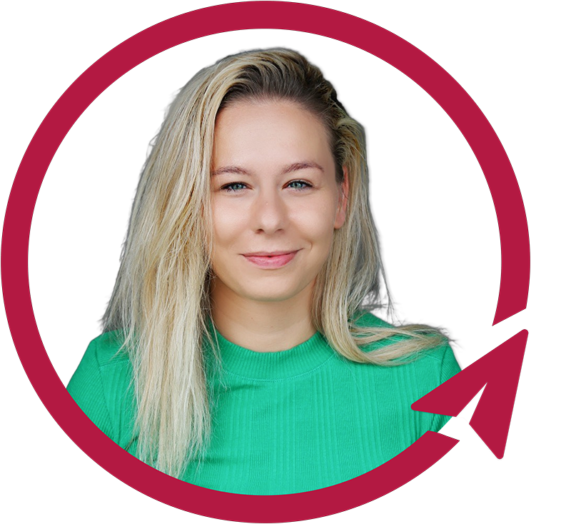 Smiling blonde woman in green shirt, circular arrow frame