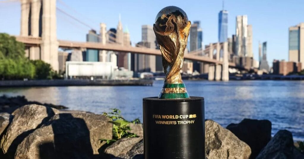 FIFA World Cup trophy by Brooklyn Bridge