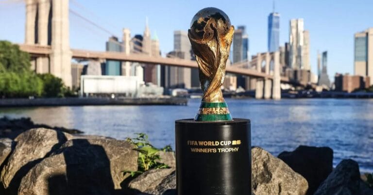FIFA World Cup trophy by Brooklyn Bridge