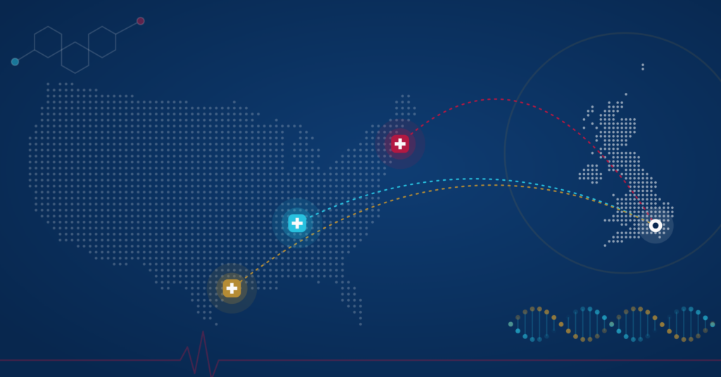 Routes from London to Nashville, Houston and Boston, with healthcare and life science icons