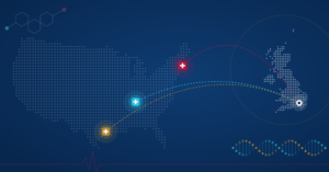 Routes from London to Nashville, Houston and Boston, with healthcare and life science icons