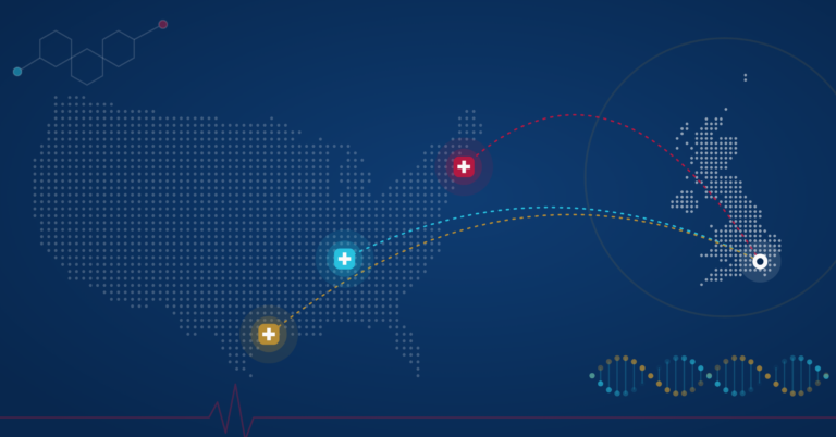 Routes from London to Nashville, Houston and Boston, with healthcare and life science icons
