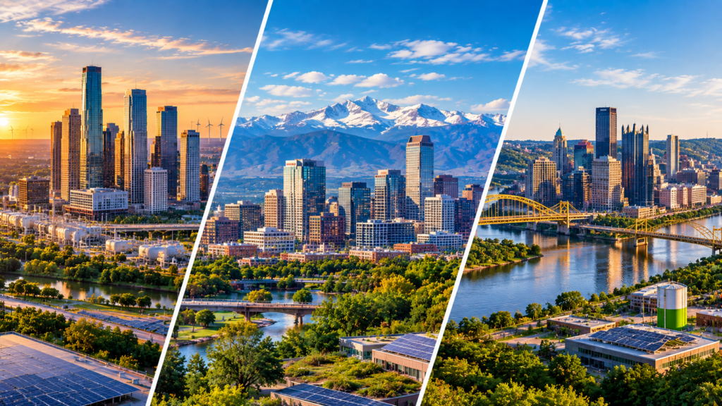 Houston, Denver and Pittsburgh skylines representing potential US bases for UK cleantech companies