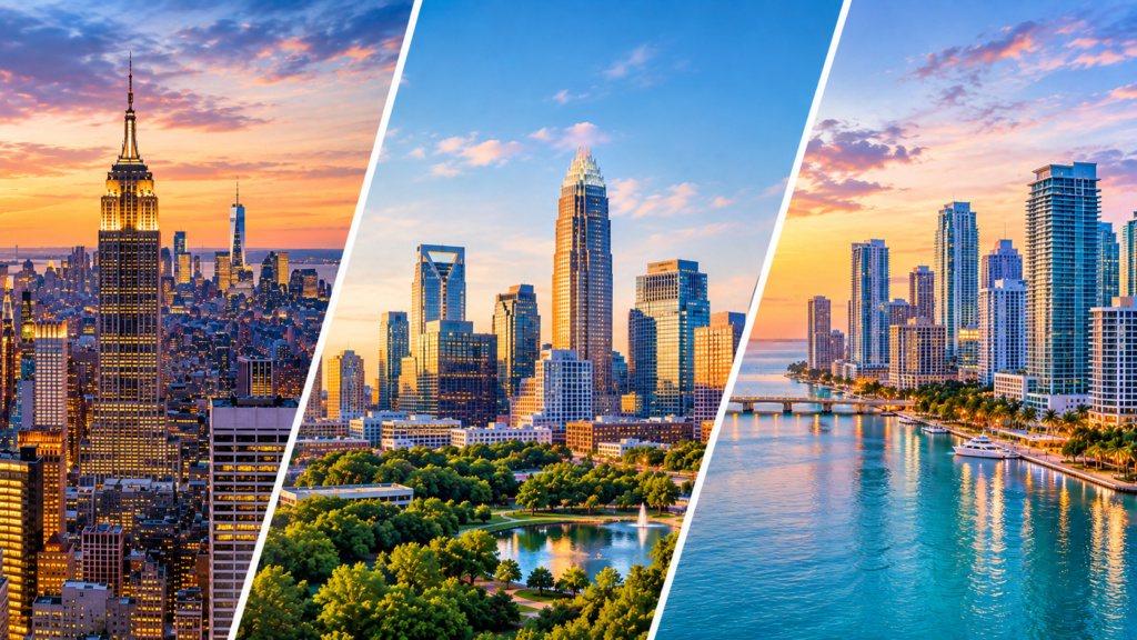 New York, Charlotte and Miami skylines representing potential US bases for UK fintech companies