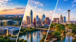 Northern Virginia, Austin and San Antonio skylines representing potential US bases for UK cybersecurity companies