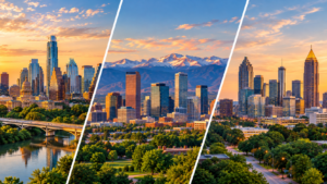 Austin, Denver and Atlanta skylines representing potential US bases for UK SaaS companies