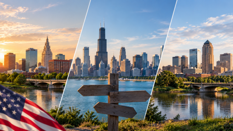 american city skylines triptych