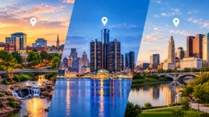 three cities, three riverfront skylines